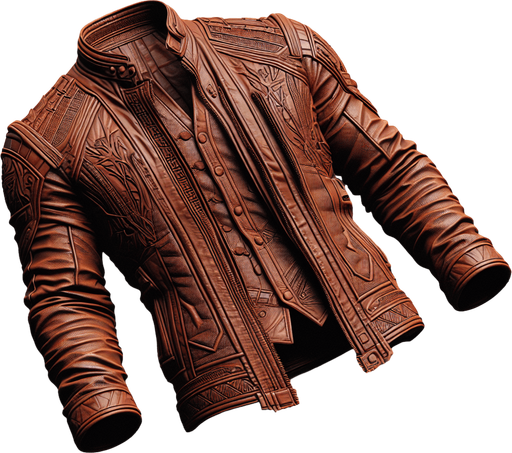 brown leather jacket.
Single Game Texture.  In-Game asset.  2d.  Blank background.  High contrast.  No shadows