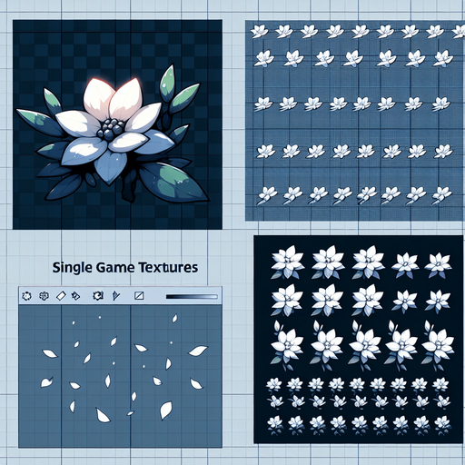 A sprite sheet of white flower petals..
Single Game Texture. In-Game asset. 2d. Blank background. High contrast. No shadows.