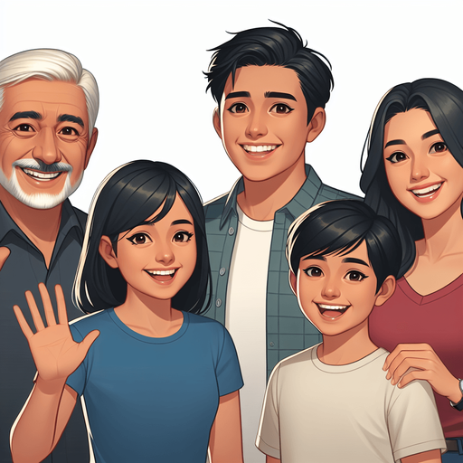 A smiling family waving..
Single Game Texture. In-Game asset. 2d. Blank background. High contrast. No shadows.
