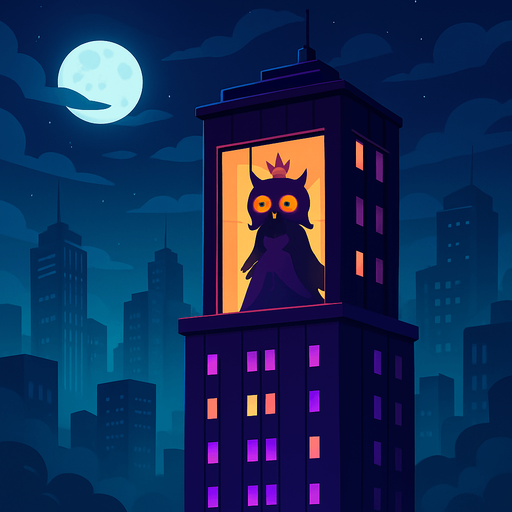 A cinematic 2D cartoon-style night cityscape featuring a tall, dark purple skyscraper with glowing violet lights. From a distant view, on the top floor, a large glass window reveals the silhouette of a mysterious owl princess. She has a crown, flowing dress, and large glowing orange eyes, barely visible behind the glass. The building reflects moonlight, surrounded by other modern towers and misty clouds. The owl silhouette gives a feeling of sorrow or urgency. High detail background, vector-style with vibrant contrast, no shadows, magical atmosphere. Game-ready, dramatic storytelling frame..
In-Game asset.  2d.  High contrast.  No shadows