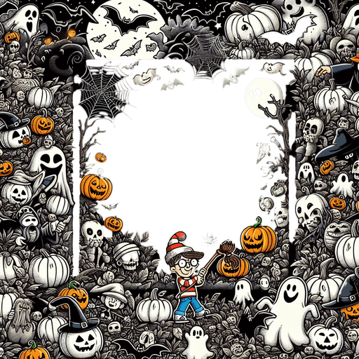 Generate a high quality cartoon background Halloween image on a black canvas similar to the format of where is waldo.
Single Game Texture. In-Game asset. 2d. Blank background. High contrast. No shadows.