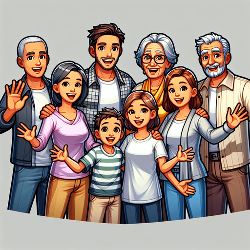 A smiling family waving..
Single Game Texture. In-Game asset. 2d. Blank background. High contrast. No shadows.