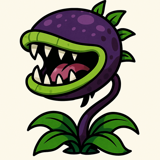 Planta Carnívora con una cabeza grande y ovalada de color púrpura oscuro, salpicada con manchas más claras del mismo tono. Su boca es enorme, bordeada por un labio verde lima y llena de dientes blancos y afilados. Dentro de su boca, se ve una lengua rosada y una garganta oscura. Un tallo delgado y púrpura sostiene la cabeza, y en su base, tiene varias hojas verdes que se curvan hacia abajo. Pequeñas hojas puntiagudas también brotan de la parte superior y trasera de su cabeza..
In-Game asset.  2d.  High contrast.  No shadows