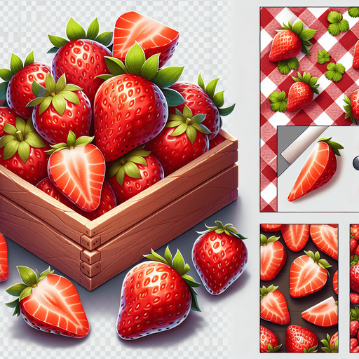 Lush, mature strawberries, cleaned and slices and ready for use in bakery or for decoration..
Single Game Texture. In-Game asset. 2d. Blank background. High contrast. No shadows.