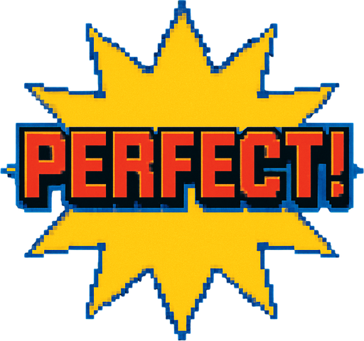 A yellow star burst that says 'Perfect!' in the center. 80s arcade machine graphics.
In-Game asset.  2d.  High contrast.  No shadows