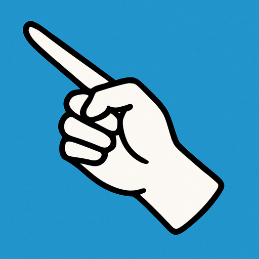 black outline. The back of a hand with a pointing finger pointing to the top-left. Black and white only. Blue background..
In-Game asset.  2d.  High contrast.  No shadows