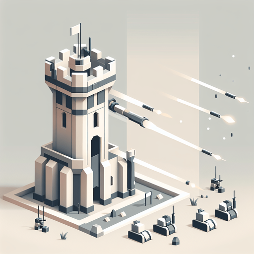 A tower shooting at enemy in a modern style Single Game Texture. In-Game asset. 2d. Blank background. High contrast. No shadows.