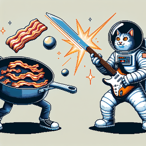 Epic clash of intergalactic tubs of lard and  anthropomorphic skillets cooking bacon while brandishing a switchblade knife versus a morbidly obese astronaut cat with a funny expression shooting sonic blasts from the fender Stratocaster being played, cinematic, exciting, 16-bit pixel art.
Single Game Texture. In-Game asset. 2d. Blank background. High contrast. No shadows.