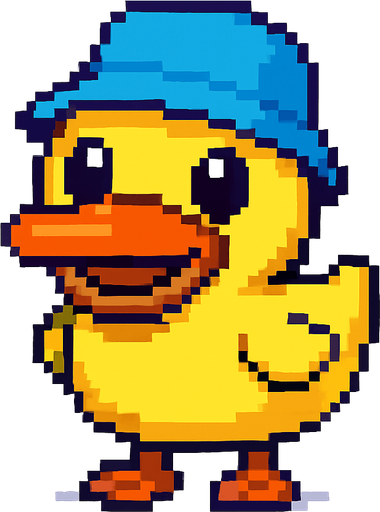 El pato debe ser un personaje simpático y reconocible en estilo pixel art, con cuerpo amarillo redondeado, pico naranja ancho y ojos grandes y amigables; debe estar de pie sobre dos patas naranjas, con pequeñas alas a los costados, y puede tener una expresión alegre o curiosa; su diseño debe ser simple pero encantador, con animación sutil como un leve balanceo, parpadeo o aleteo, y fondo transparente; opcionalmente puede llevar un gorrito, flotador o bufanda para agregar personalidad, siendo perfecto para un juego casual, infantil o humorístico..
In-Game asset.  2d.  High contrast.  No shadows