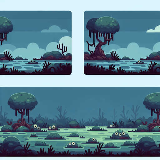 Cartoon tileable swamp background, dark
Single Game Texture. In-Game asset. 2d. Blank background. High contrast. No shadows.