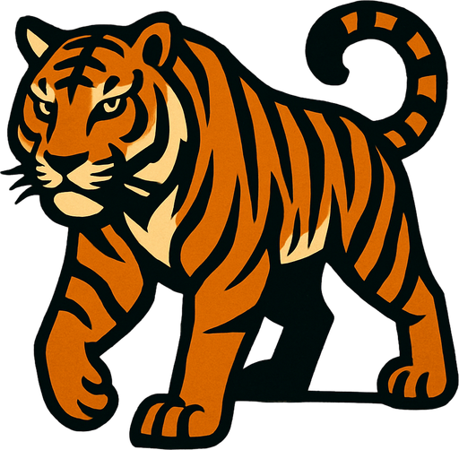A tiger image, with wooden background.
In-Game asset.  2d.  High contrast.  No shadows