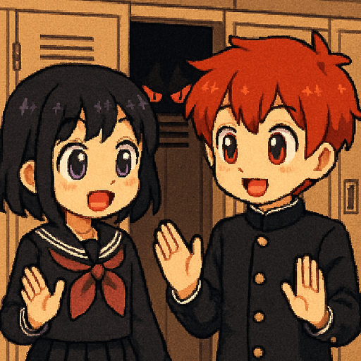 Pixel art. A red-haired 15-year-old anime-style boy with red eyes and a girl with purple eyes in Japanese school uniforms, both with large, expressive eyes and oversized irises to look super kawaii, are talking cheerfully while looking into each other’s eyes and gesturing with their hands. They are standing very close to a row of school lockers. In the center locker, a pair of glowing red eyes peer through the slats. The eyes belong to a hidden yandere—obsessed, crazy, and jealous—whose face and body remain completely obscured in the darkness inside the locker. The mood is lighthearted between the boy and girl, contrasting with the eerie presence watching them from the shadows.