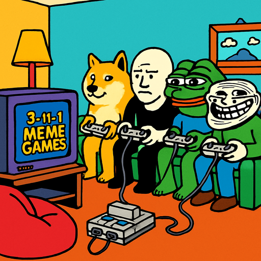 a ’90s-retro living room: bean-bag, Super Nintendo wired to the tube TV, “3-in-1 Meme Games” written  on-screen, while a mix of meme characters crash the couch mashing SNES controllers wired to the super nintendo.
In-Game asset.  2d.  High contrast.  No shadows