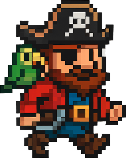 El pirata debe ser un personaje simpático y reconocible en estilo pixel art, con sombrero tricornio negro o marrón con una calavera blanca en el centro, un parche en uno de los ojos, barba o bigote corto, y una expresión decidida o divertida; su ropa debe incluir una chaqueta roja o azul, cinturón ancho, pantalones cortos y botas, todo con detalles simples pero claros; puede tener un accesorio como una espada al cinto o un loro en el hombro, y su animación debe mostrarlo caminando o balanceándose ligeramente como si estuviera en un barco; el fondo debe ser transparente y el diseño debe ser compacto, ideal para un juego colorido y caricaturesco..
In-Game asset.  2d.  High contrast.  No shadows