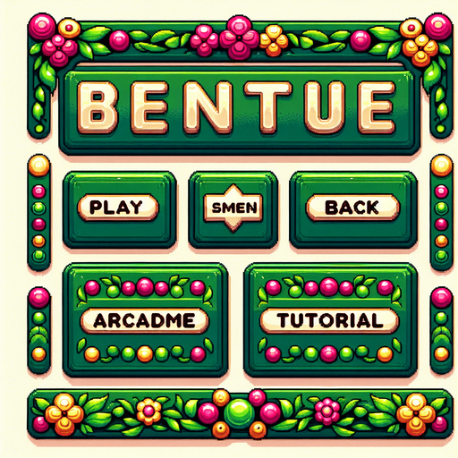 A sprite sheet with menu buttons for a game. Rectangular buttons say “Play” “Seasons” “Arcade” “Back” and “Tutorial”. Font should be stylized and include flowers on the edges. Vivid cartoon graphics. Color scheme should be greens with, pink and yellow. 
Single Game Texture. In-Game asset. 2d. Blank background. High contrast. No shadows.