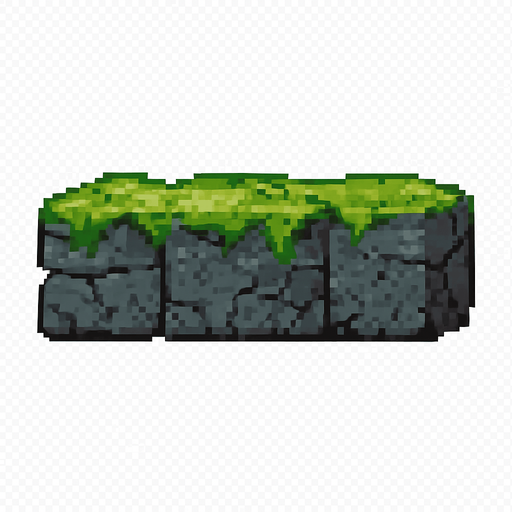 Stone platform sprite, solid gray granite texture with green moss covering, ancient ruins style, rectangular shape, weathered stone surface, small cracks and details, stable and heavy appearance, 2D pixel art, side view, transparent background.
In-Game asset.  2d.  High contrast.  No shadows