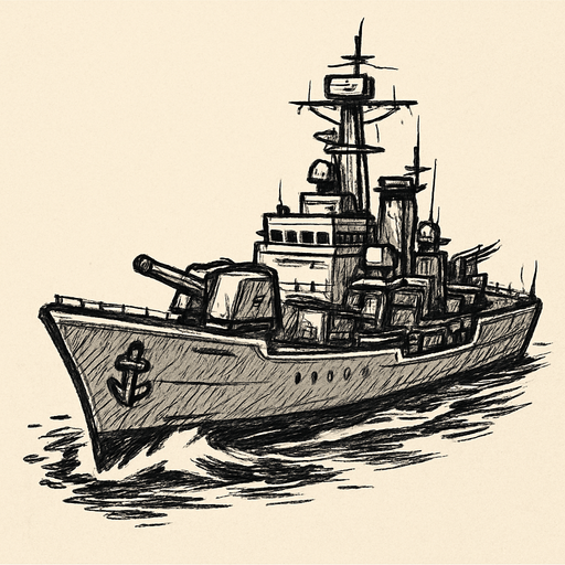 sketch tarzında cruıser savas gemısı.
In-Game asset.  2d.  High contrast.  No shadows