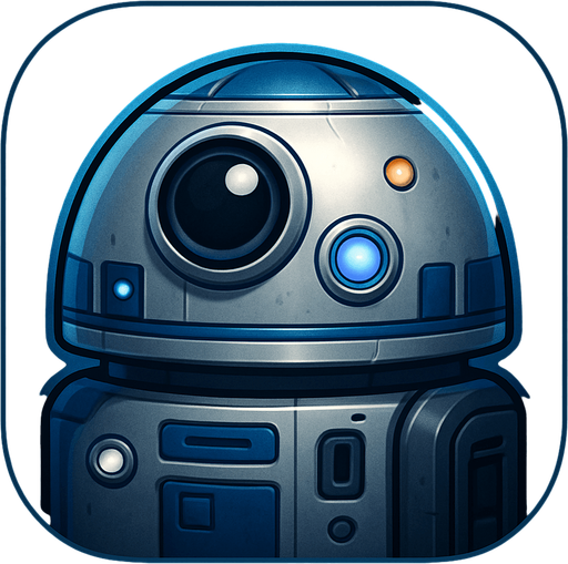 A stylized app or game icon featuring the head of a compact, dome-shaped sci-fi droid. The droid has a shiny metallic silver and blue color scheme, a round central photoreceptor "eye," and various small lights, sensors, and panels. The design is friendly and futuristic, with clean mechanical details and a slightly worn metallic finish. The background is dark or softly glowing with blue tones, highlighting the droid’s silhouette. Square or circular layout, 1024x1024 resolution, high detail, concept art style. Inspired by classic sci-fi utility robots, fully original and suitable for use without copyright concerns..
In-Game asset.  2d.  High contrast.  No shadows