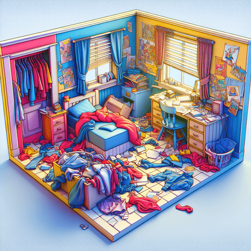 dağınık bir yatak odası, odanın içinden görünüm 3d renkli, çizgi film