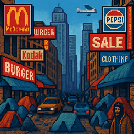 make pixelated, add homeless with tents