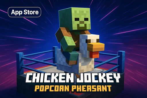 modern App Store banner, high definition, Minecraft style chicken jockey picture with hyperspace wrestling ring background title text on banner that says "Chicken Jockey : Popcorn Pheasant"