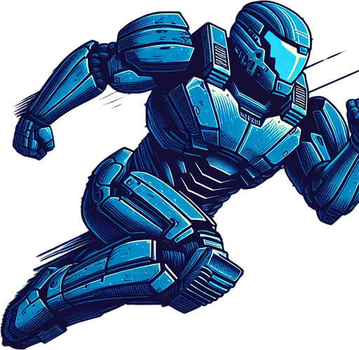 a blue iron man style armor flying horizontally.
Retro gaming style