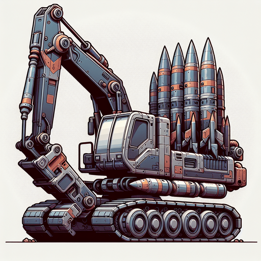 Excavator with 2d tender rockets.
Single Game Texture.  In-Game asset.  2d.  Blank background.  High contrast.  No shadows