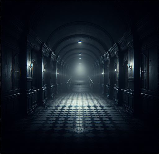 Make a dark scary hallway.
Single Game Texture.  In-Game asset.  2d.  Blank background.  High contrast.  No shadows