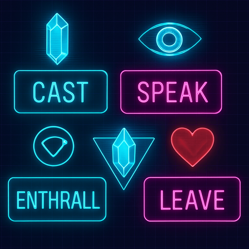 Neon cyberpunk mobile game menu overlay boxes for CAST, SPEAK, CALL, ENTHRALL, LEAVE magic gemstone crystal sigil eyeball heart triangle topdown flat 3d 2d hologram futuristic glowing occult chic HOLOGRAM menu
