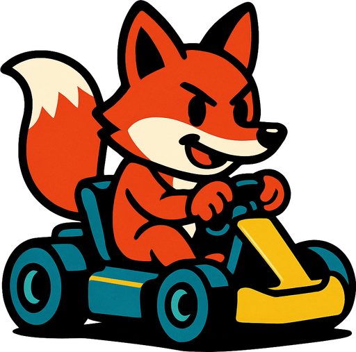 Un zorro rojo animatronico en un kart.
In-Game asset.  2d.  High contrast.  No shadows