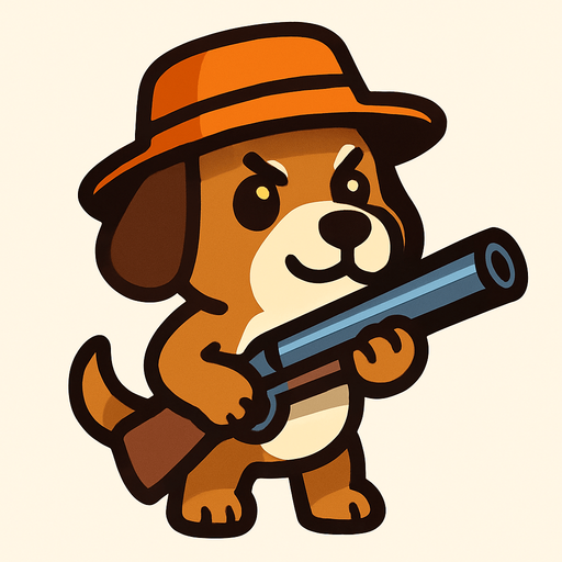a dog cute dog with a hat and a shotgun.
In-Game asset.  2d.  High contrast.  No shadows