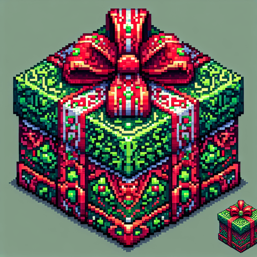 Pixel art of an elaborate green christmas present with red ribbons. Single Game Texture. In-Game asset. 2d. Blank background. High contrast. No shadows.