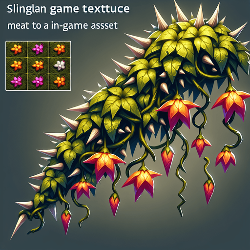 a single wildvine with spikes and flowers dangling..
Single Game Texture. In-Game asset. 2d. Blank background. High contrast. No shadows.