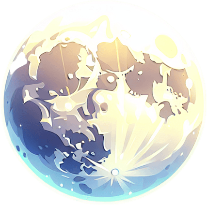 Shining fullmoon.
Single Game Texture. In-Game asset. 2d. Blank background. High contrast. No shadows.