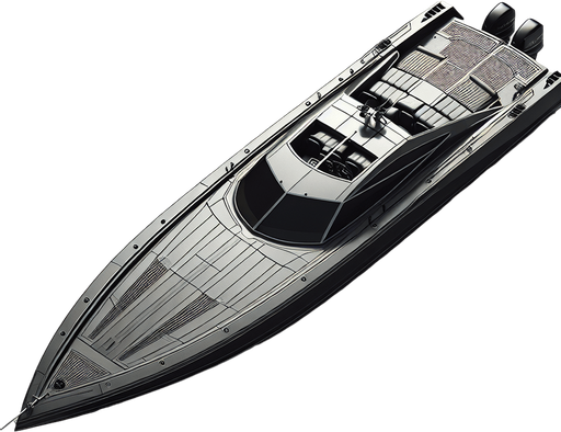 horizontal top down image drugs 
smugler super boat.
Single Game Texture.  In-Game asset.  2d.  Blank background.  High contrast.  No shadows