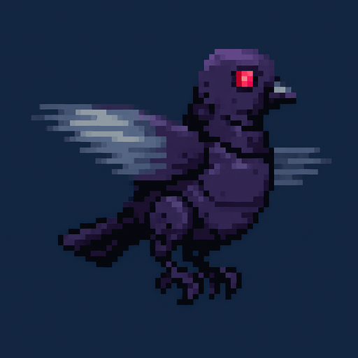 Pixel art of a dark purple robotic pigeon spinning in midair, wings blurred in motion. Enemy type in a 2D arcade game, side view.
In-Game asset.  2d.  High contrast.  No shadows