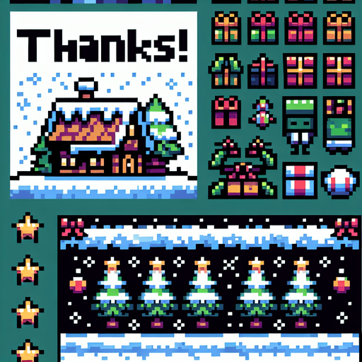 8 bit. message that reads ''Thanks!''. x-mas themed. in game asset. Single Game Texture. In-Game asset. 2d. Blank background. High contrast. No shadows.