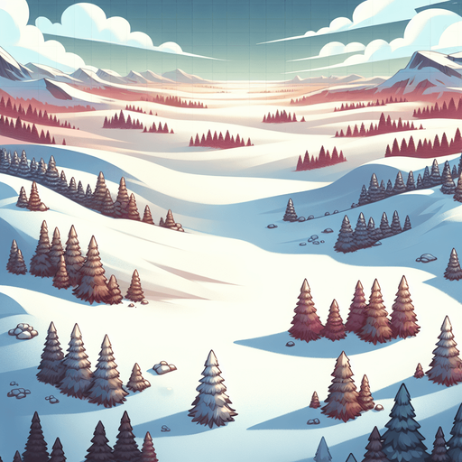 A snow covered plains stretching to horizon. Top down perspective view from afar. Rich winter colors. Illustration. Single Game Texture. In-Game asset. 2d. Blank background. High contrast. No shadows.