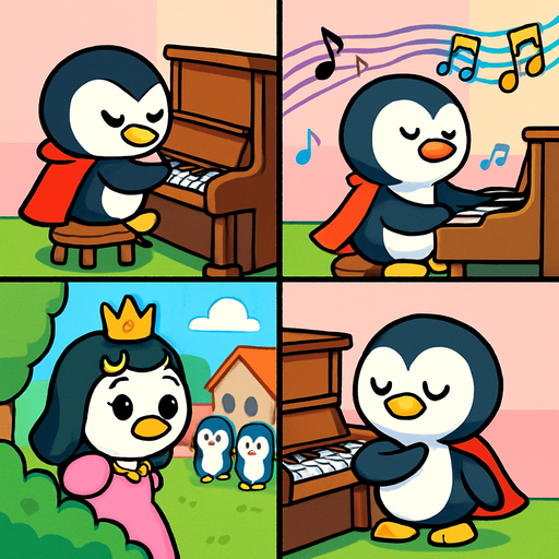 4-panel comic strip, no text, cute cartoon style, bright colors, black outlines.
Characters: Penguin Hero (small, determined) + Penguin Princess (elegant, crown) + Village Penguins
Central Theme: Music connects hearts, piano mastery wins love. Story: Hero finds his true musical voice and inner strength

Panel 1: Hero alone with piano, plays from his heart instead of trying to impress
Panel 2: Beautiful, unique music flows from him, notes shimmer with emotion
Panel 3: Princess secretly listens from distance, moved by his genuine music
Panel 4: Hero realizes music should come from the heart, not ego. 
In-Game asset.  2d.  High contrast.  No shadows