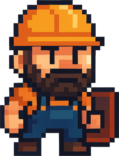 Genera una imagen de un albañil guerrero pixel, que su cabeza sea un poco más grande que su cuerpo, y que no tenga armas.
In-Game asset.  2d.  High contrast.  No shadows