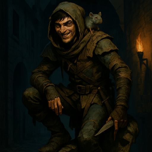 "A cunning rogue cloaked in patchwork leathers and city grime, perched on a broken statue. Male, 26 years old, wiry and agile, with messy black hair, sly green eyes, a scar over his nose, and olive-toned skin. A rat sits on his shoulder. Dual daggers at his side, a grin revealing a gold tooth. The background is a shadowy alley lit by torchlight. Realistic, highly detailed, dark urban medieval style. realistic.
In-Game asset.  2d.  High contrast.  No shadows