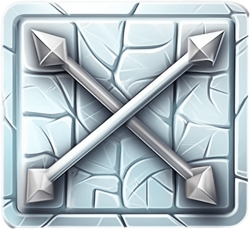 Single square button with bow and arrow on it. Metal button
Game Texture. In-Game asset. 2d. Pixelart. White background. Blank background. Low detail. High contrast.