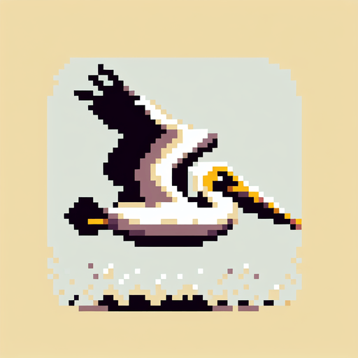 8-bit profile of pelican flying straight.
Single Game Texture. In-Game asset. 2d. Blank background. High contrast. No shadows.