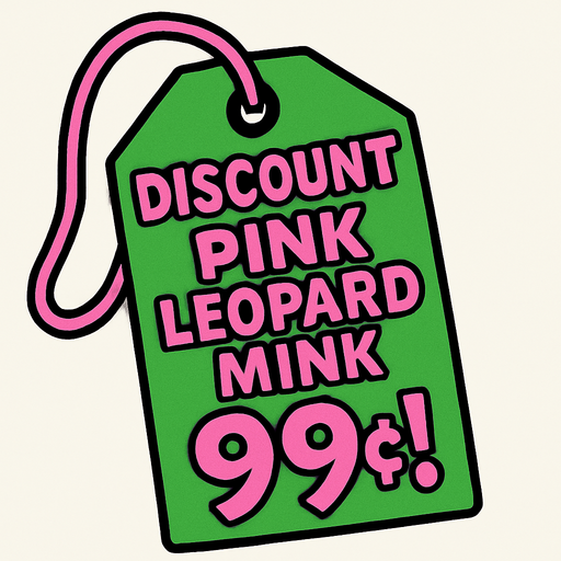 green price tag that says discount pink leopard mink 99 cents!
In-Game asset.  2d.  High contrast.  No shadows