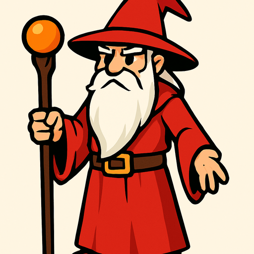 a wizard with a red dress, a hat, a long white beard and his whole body.
In-Game asset.  2d.  High contrast.  No shadows