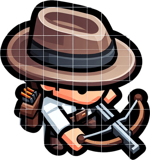 A man with a crowwbow in a hat from above cartoon style.
Single Game Texture. In-Game asset. 2d. Blank background. High contrast. No shadows.