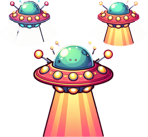 Create a cartoon-style  UFO obstacle for a helicopter game. The UFO should be rounded with glowing lights, antennas, and a colorful alien style..
Single Game Texture.  In-Game asset.  2d.  Blank background.  High contrast.  No shadows