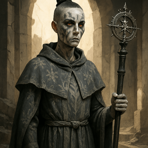 A solemn female cleric in soot-gray robes adorned with ash motifs and sun-bleached fabric. 39 years old, with a thin, gaunt frame, shaved head except for a braided black topknot, pale skin, and glowing amber eyes. Ash marks are smeared across her face in ritual patterns. Holding a prayer staff made of burned oak and silver. She stands in a scorched temple, sunlight breaking through cracked stone. Realistic, highly detailed, sacred atmosphere. realistic.
In-Game asset.  2d.  High contrast.  No shadows
