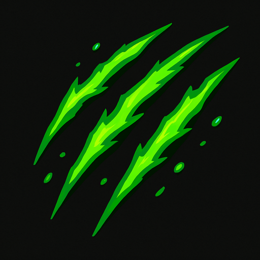 Small green claw slash effect. 2D. Top View..
In-Game asset.  2d.  High contrast.  No shadows