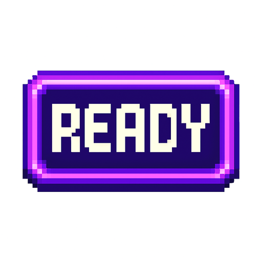 A pixel art button with the word "READY" written in bold, retro pixel font. The button is rectangular with slightly rounded corners, styled in purple and violet tones with a soft glowing border to match a lo-fi rhythm game's aesthetic. The "READY" text is centered, white or light-colored for contrast, with pixel-perfect sharpness. The button has a slightly raised 3D appearance and no background (transparent). Designed for use in a minimalist, neon-themed rhythm game UI..
In-Game asset.  2d.  High contrast.  No shadows